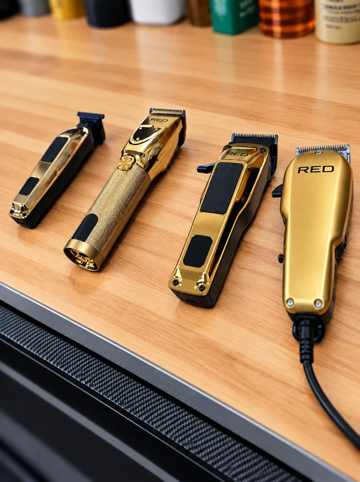 Gold clippers and trimmers laid out on the station